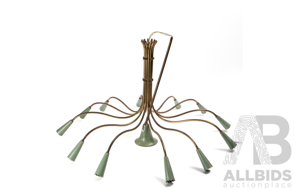 Funky Mid Century Steel Ceiling Chandelier Light with 12 Branches and Green Sockets