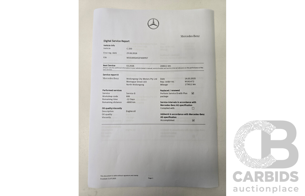 8/2016 Mercedes Benz C250 Estate AMG Line 205 MY16 4d Wagon Polar White Turbo 2.0L