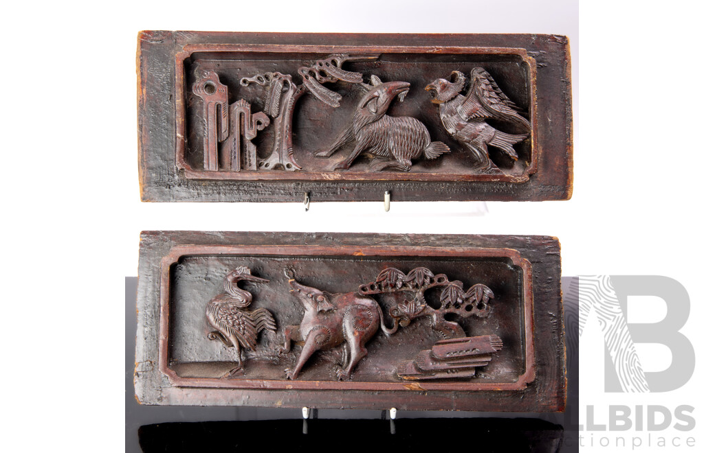 Two Vintage Carved Wooden Chinese Panels