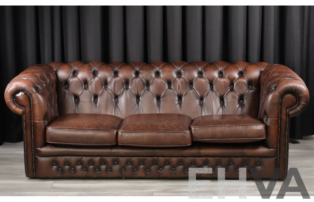 Brown Leather Three Seater Chesterfield Lounge by T.C Designs