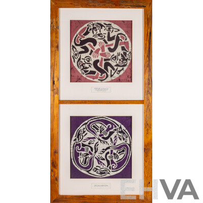 Artists Unknown (20th Century), Beardpullers & Dogs [With Inspiration From Book of Kells, 6th Century AD], Dyes on Cloth Panels, 137 x 69 cm (frame)