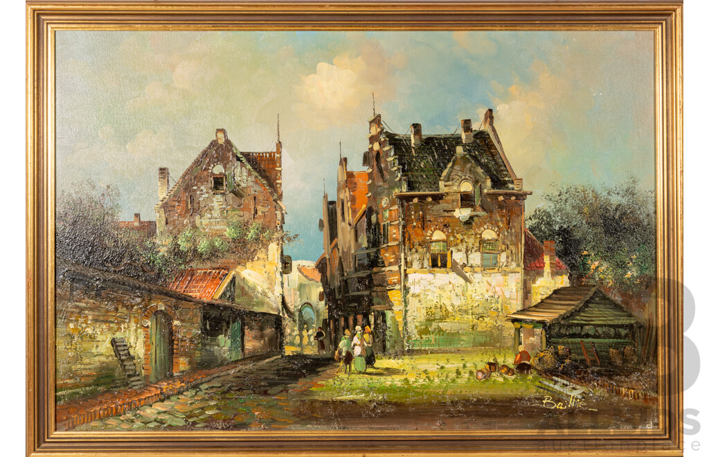 Baille, (20th Century), Country Village, Lovely Original Oil on Canvas Board, 70 x 102 cm (frame)