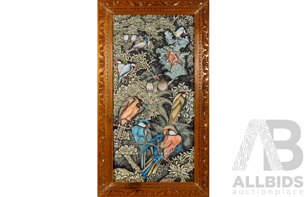 Artists Unknown (20th Century, Balinese School), Birds of Paradise & Village Life, Lovely Pair of Vintage Hand Painted Pigment on Linen Cloth, 89 x 32 cm (largest frame) (2)