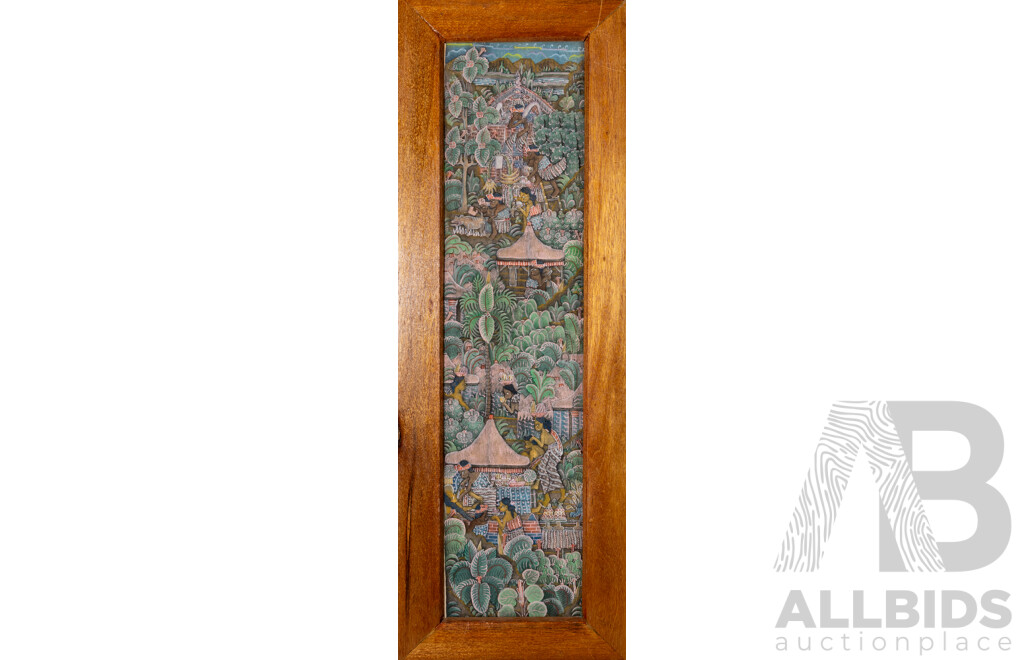 Artists Unknown (20th Century, Balinese School), Birds of Paradise & Village Life, Lovely Pair of Vintage Hand Painted Pigment on Linen Cloth, 89 x 32 cm (largest frame) (2)