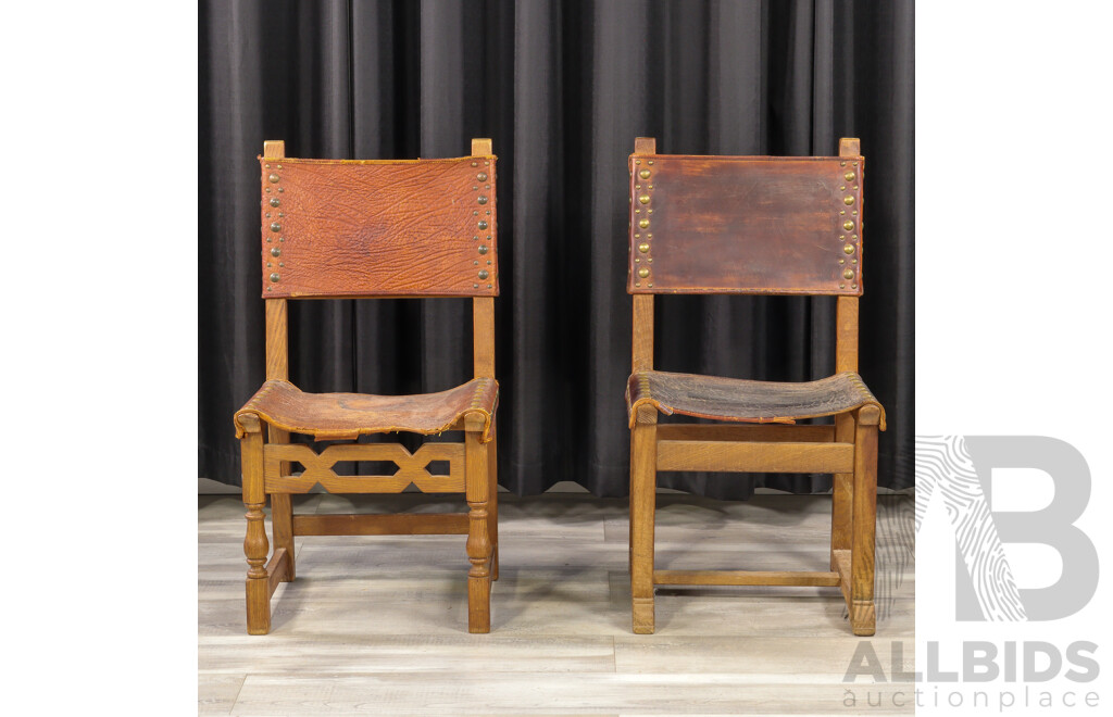 Pair of Oak Dining Chairs with Leather Sling Upholstery
