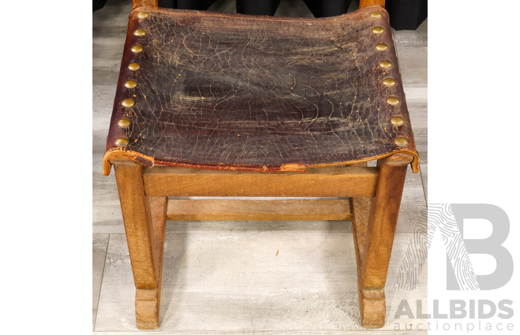 Pair of Oak Dining Chairs with Leather Sling Upholstery
