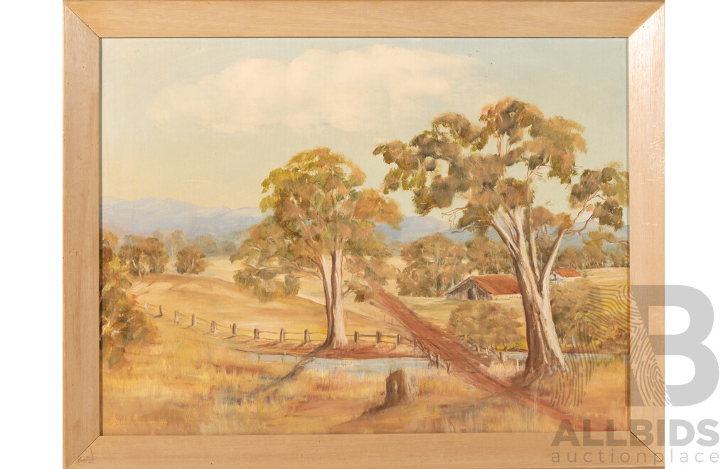 Artist Unknown, (20th Century, Australian), Landscape - Country Cottage by Gum Trees and Brook, Lovely Original Vintage Oil on Canvas Board, 49 x 63 cm (frame)