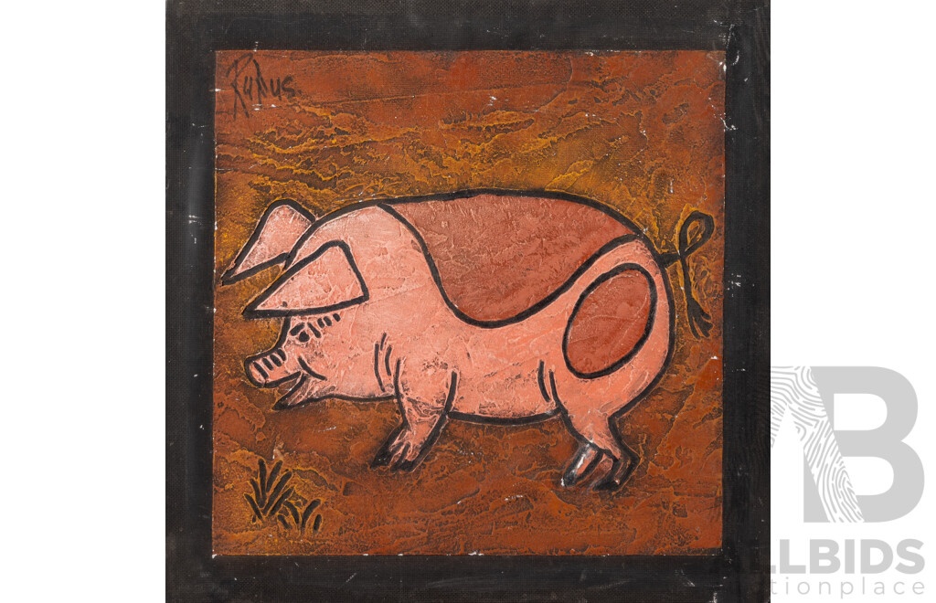 Rufus, (20th Century), Piggie, Vintage Mixed Media on Masonite, 42 x 42 cm (edge to edge)