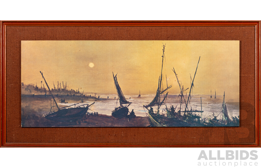 JCH, (20th Century), Junks on Water, Nice Mid Century Reproduction Print on Masonite Panel, 45 x 91 cm (frame)