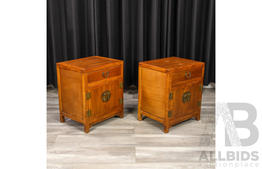 Pair of Chinese Elm Two Door Bedside Cabinets