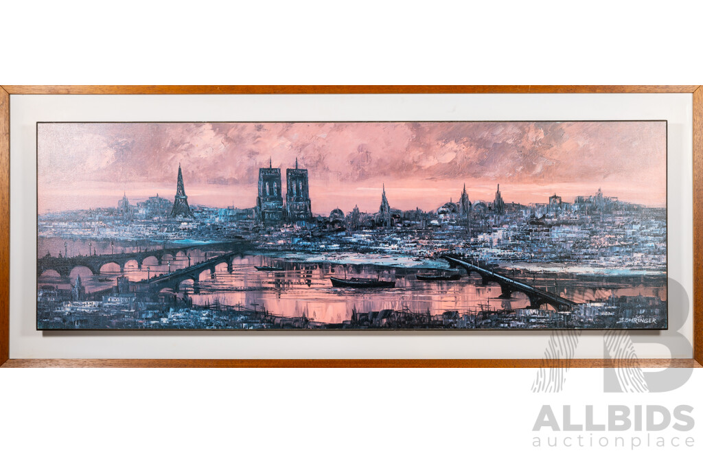 Behringer, (20th Century), Bridge in Paris, Impressive Mid Century Reproduction Colour Print of Original, 55 x 135 cm (frame)