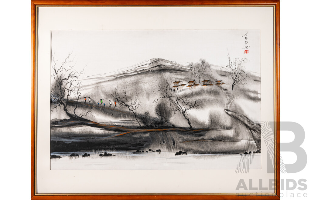 Artist Unknown (Asian School), Heading to the Fields, Original Ink & Wash on Canvas, 84 x 104 cm (frame)