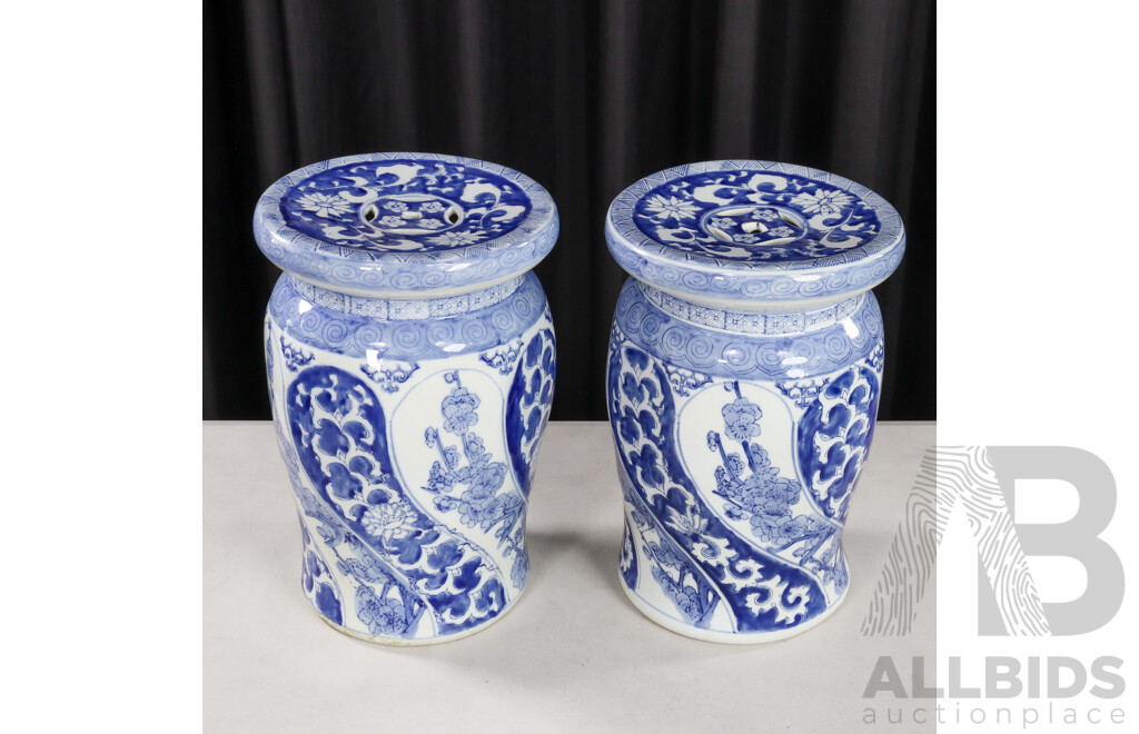 Pair of Blue and White Glazed Ceramic Chinese Stools