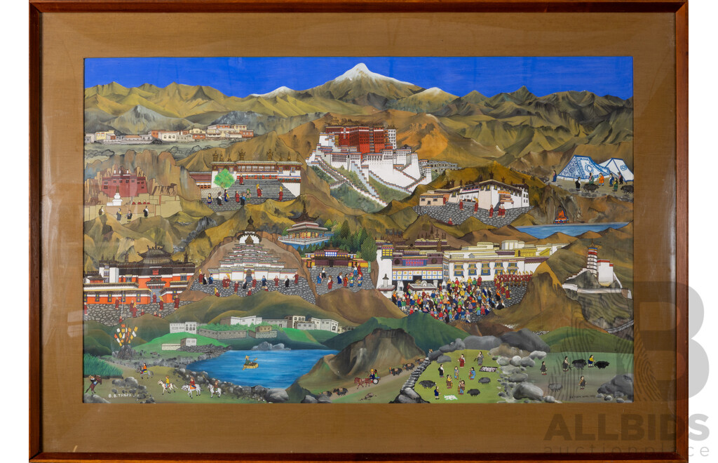 BB Thapa, (20th Century, Nepalese, 1933-) Busy Nepalese Village, Original Mixed Media Oil, Watercolour and Ink, 89 x 107 cm (frame)