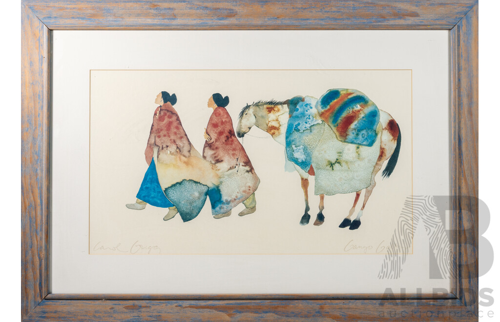 Carole Grigg, (20th Century, American), Two Native Women and Horse, Quality Print From Gango Gallery of Original Watercolour, 71 x 101 cm (frame)