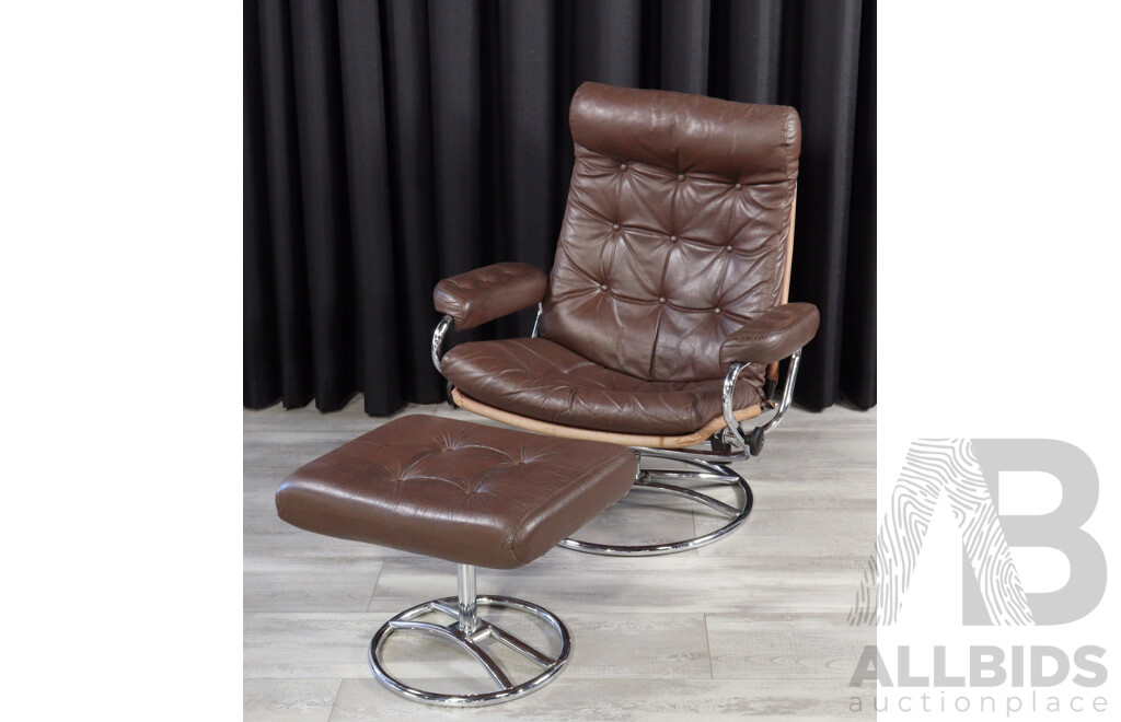 Vintage Chrome Framed Stressless Lounge Chair and Foot Stool with Leather Upholstery