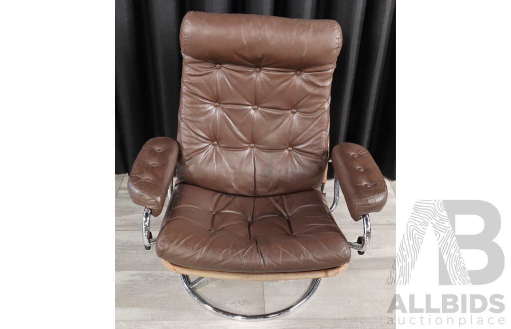 Vintage Chrome Framed Stressless Lounge Chair and Foot Stool with Leather Upholstery