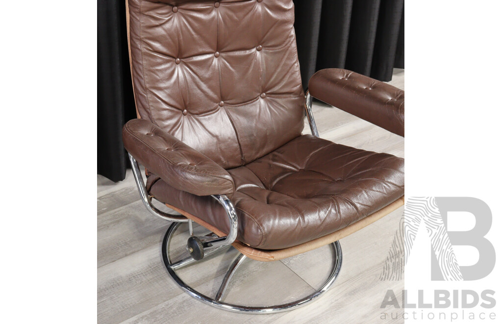Vintage Chrome Framed Stressless Lounge Chair and Foot Stool with Leather Upholstery