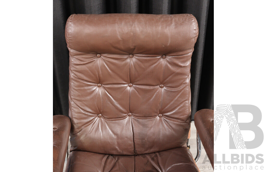 Vintage Chrome Framed Stressless Lounge Chair and Foot Stool with Leather Upholstery