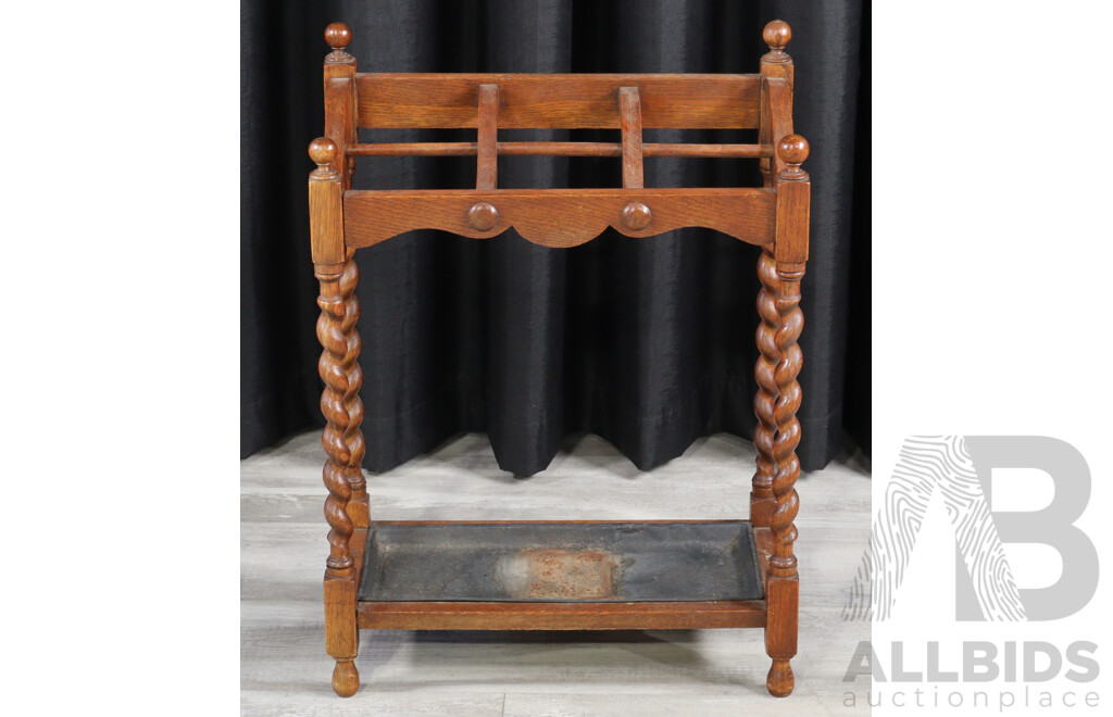 Edwardian Oak Umbrella Stand with Barley Twist Supports