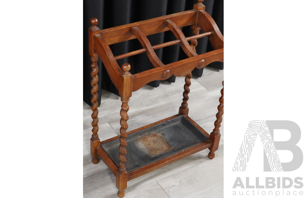 Edwardian Oak Umbrella Stand with Barley Twist Supports