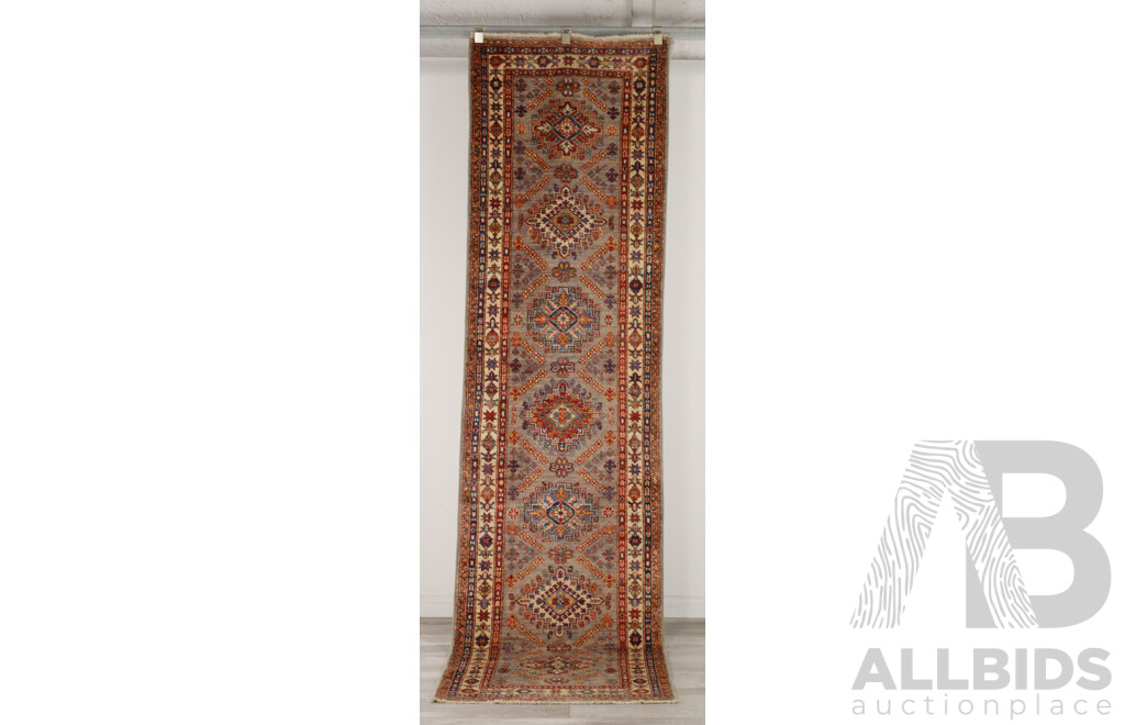 Hand Knotted Afghan Wool Kazak Style Runner with Abrashed Palette