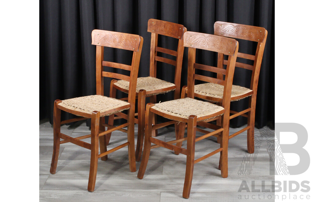 Set of Four Rush Seat Dining Chairs with Pressed Backs