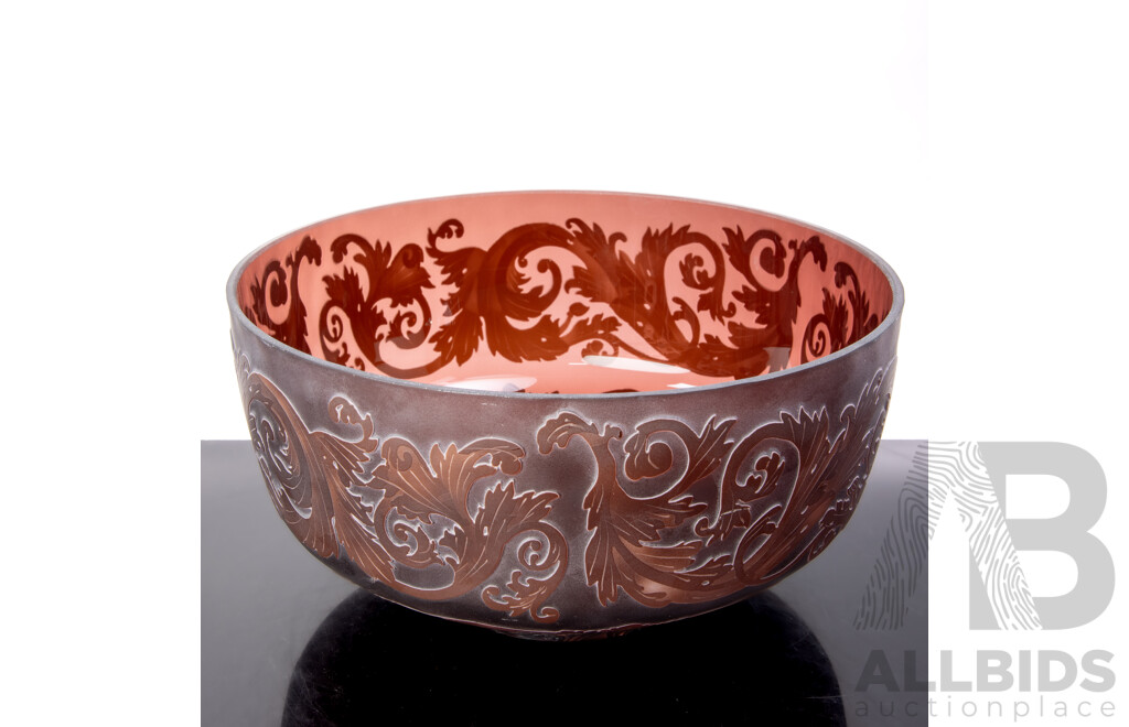 Cameo Amethyst Glass Swerving Bowl with Etched Foliate Detail in Relife in the Style of Galle