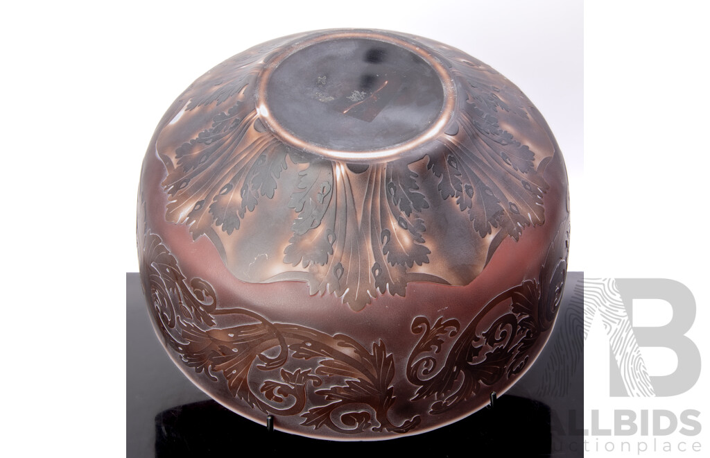Cameo Amethyst Glass Swerving Bowl with Etched Foliate Detail in Relife in the Style of Galle