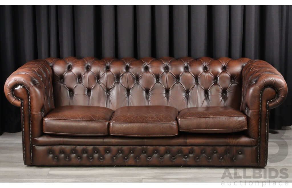 Brown Leather Three Seater Chesterfield Lounge by T.C Designs