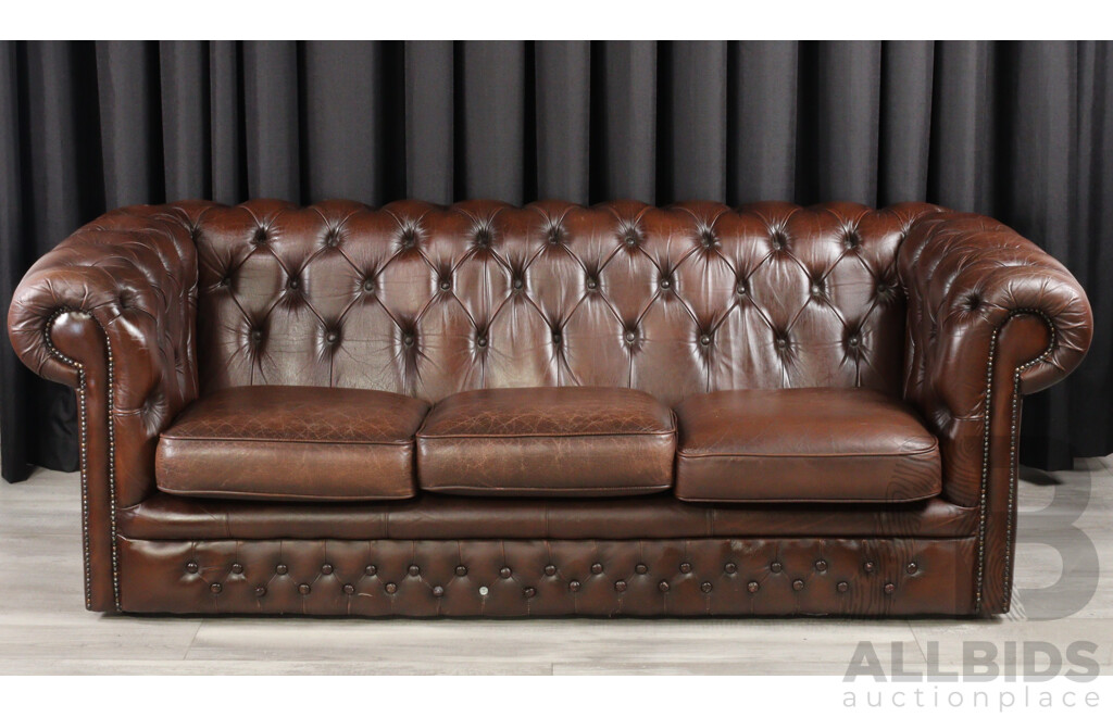 Brown Leather Three Seater Chesterfield Lounge by T.C Designs