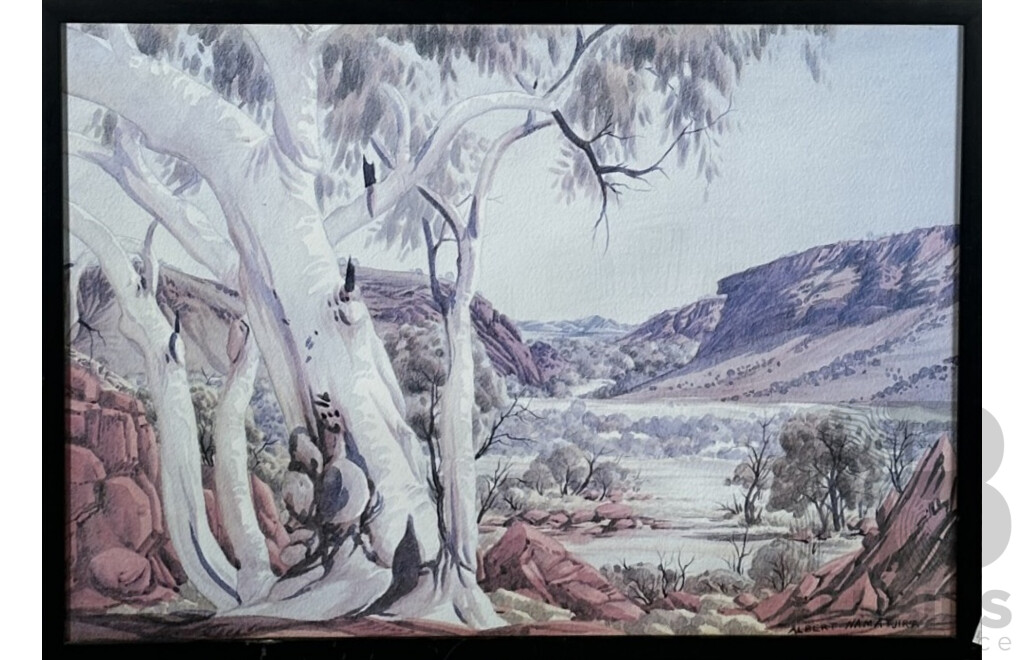 Albert Namatjira, (20th Century, Indigenous-Australian, 1902-1959), Heavitree Gap, Alice Springs, Reproduction Vintage Print of Original Watercolour, 54 x 79 cm (frame)
