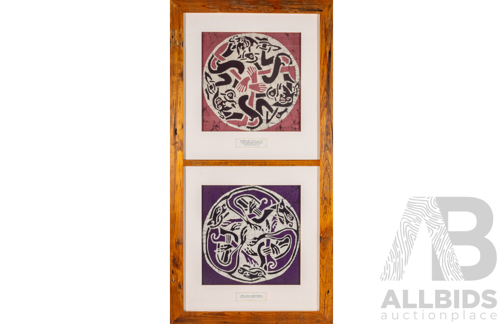 Artists Unknown (20th Century), Beardpullers & Dogs [With Inspiration From Book of Kells, 6th Century AD], Dyes on Cloth Panels, 137 x 69 cm (frame)