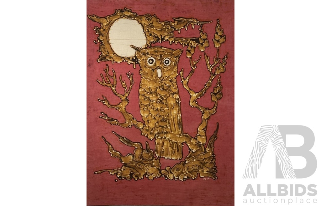 H.W (Working c1970s), the Owl & the Moon (1974), Vintage Batik, Dye on Cloth, 87 x 60.5 cm