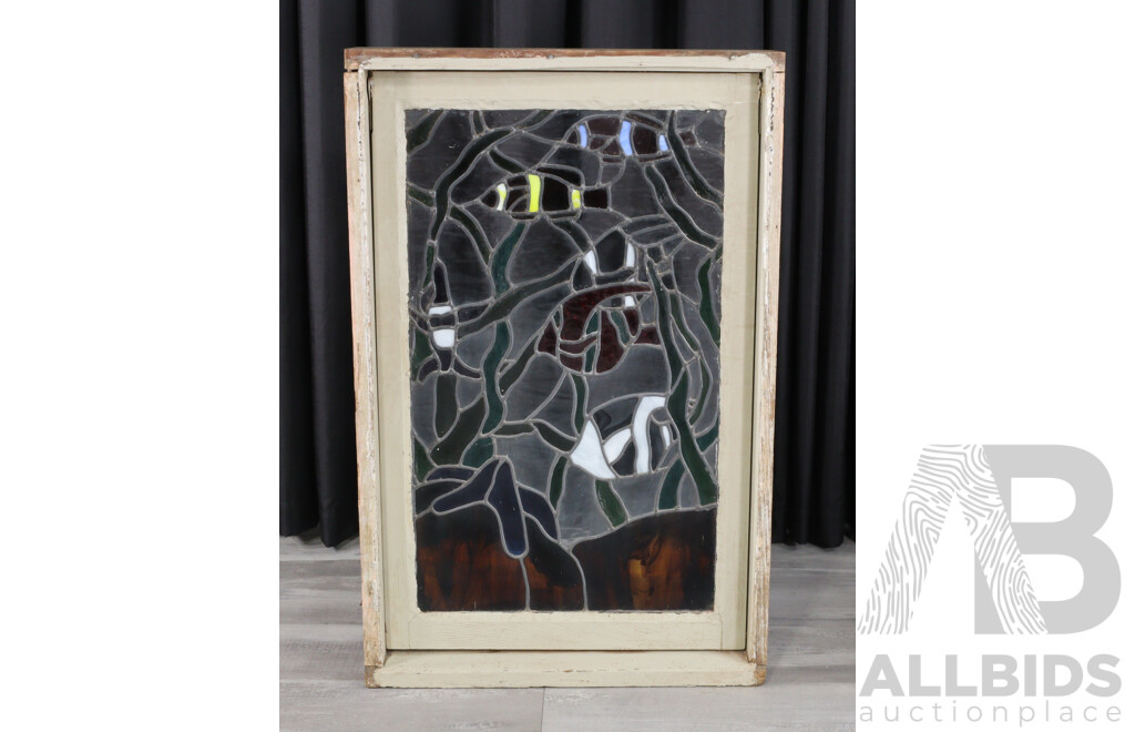 Vintage Timber Framed Window with Leadlight Tropical Fish Scene