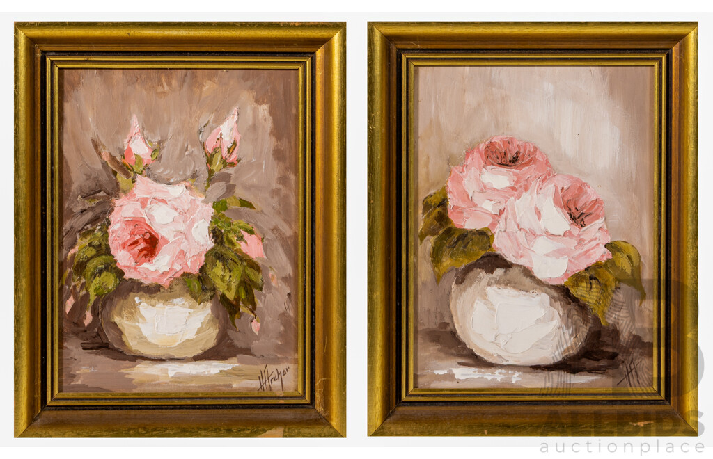 H. Archer, (20th Century), Pink Roses in White Vase I & II, Wonderful Pair of Original Vintage Acrylic on Masonite, 33 x 26 cm (frames) (2)