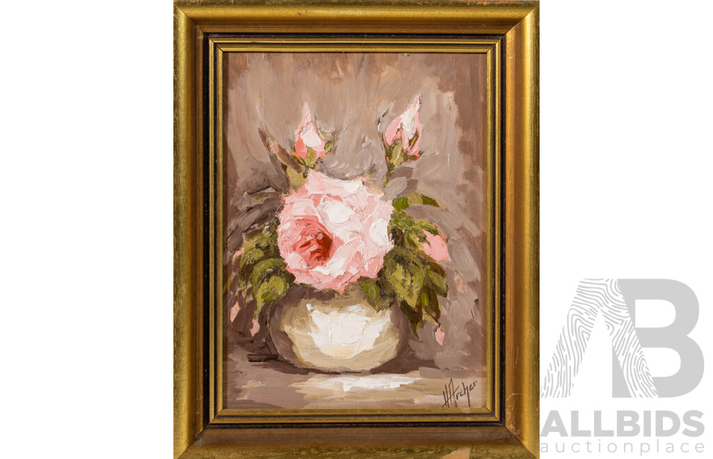 H. Archer, (20th Century), Pink Roses in White Vase I & II, Wonderful Pair of Original Vintage Acrylic on Masonite, 33 x 26 cm (frames) (2)