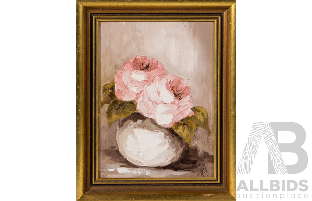 H. Archer, (20th Century), Pink Roses in White Vase I & II, Wonderful Pair of Original Vintage Acrylic on Masonite, 33 x 26 cm (frames) (2)