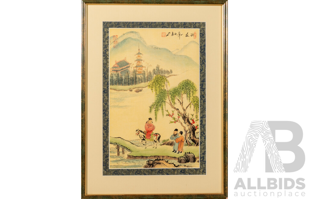 Artist Unknown (20th Century, Chinese School), Three Men Meeting by Water, Hand Painted Print on Rice Paper, 55.5 x 41 cm (frame)