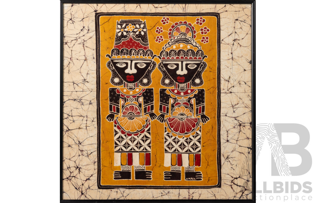 Artist Unknown, (20th Century, Indonesian School), Two Figures, Contemporary Batik Dye on Fabric, 50 x 48 cm (frame)