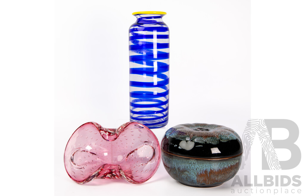 Hand Blown Studio Art Glass Vase with Swirl Detail Signed to Base, Murano Pink Glass Dish with Controlled Bubble Detail and Studio Pottery Gourd Form Lidded Dish