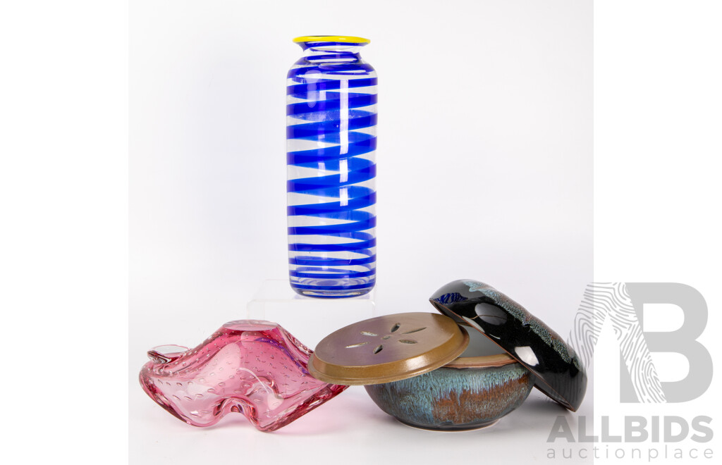 Hand Blown Studio Art Glass Vase with Swirl Detail Signed to Base, Murano Pink Glass Dish with Controlled Bubble Detail and Studio Pottery Gourd Form Lidded Dish