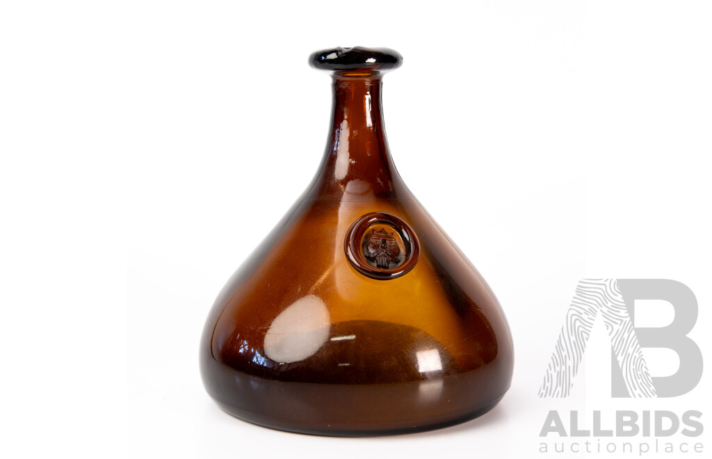 Mid Century Holmegaard Glass Bottle Carafe with Face Medallion by Ole Winther
