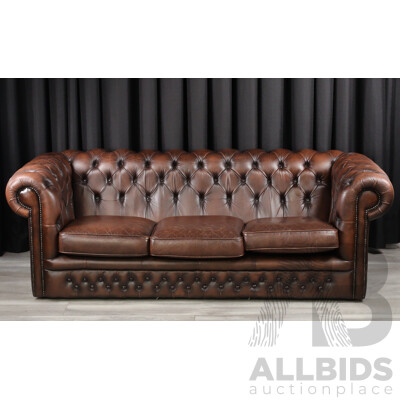 Brown Leather Three Seater Chesterfield Lounge by T.C Designs