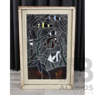 Vintage Timber Framed Window with Leadlight Tropical Fish Scene