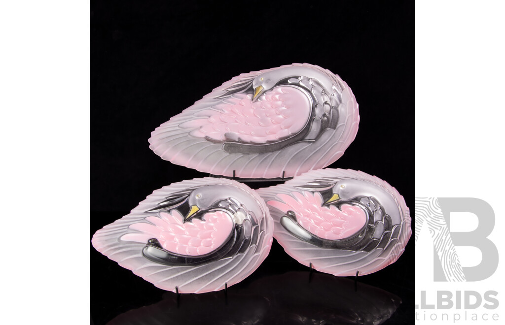 Collection Three Art Deco Style Glass Platters with Swan Decoration and Aventurine Inclusions to Beaks