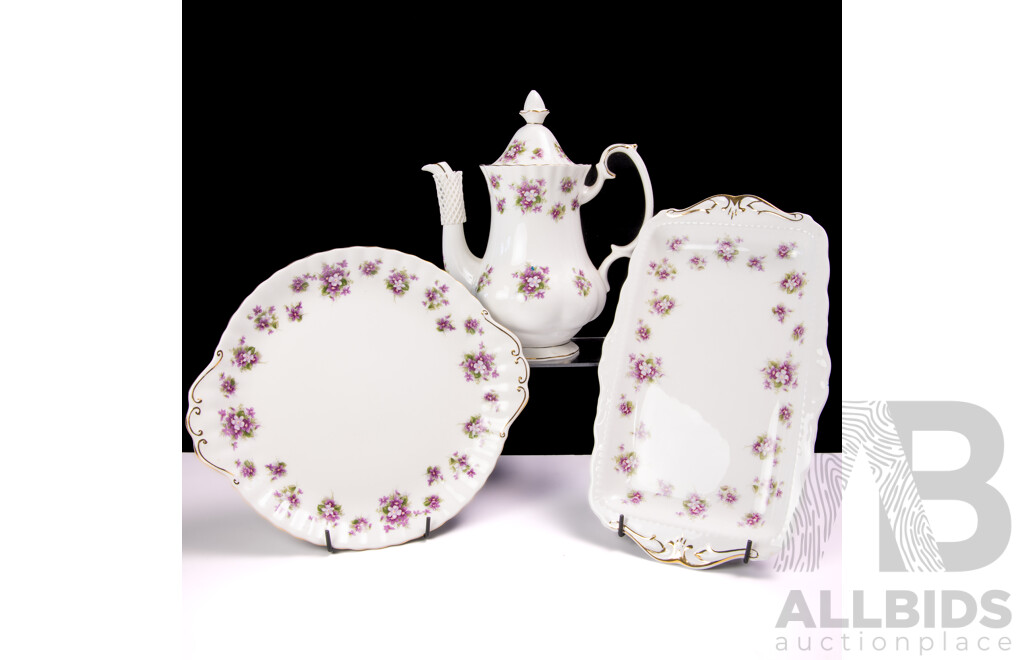 English Royal Albert Porcelain Cake Plate, Sandwich Platter and Lidded Coffee Pot, in Sweet Violets Pattern