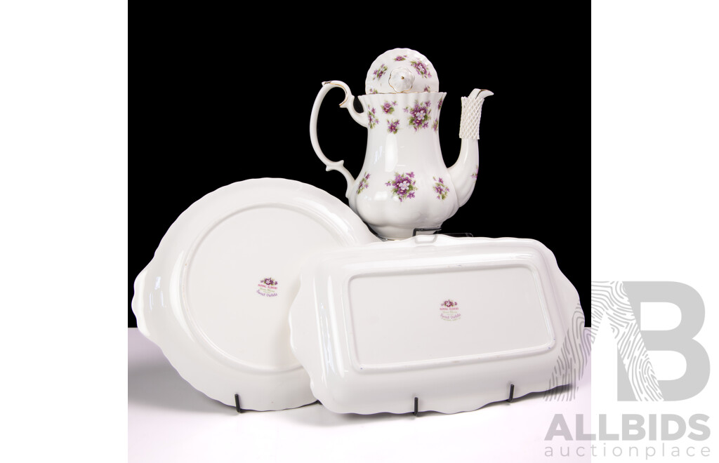 English Royal Albert Porcelain Cake Plate, Sandwich Platter and Lidded Coffee Pot, in Sweet Violets Pattern