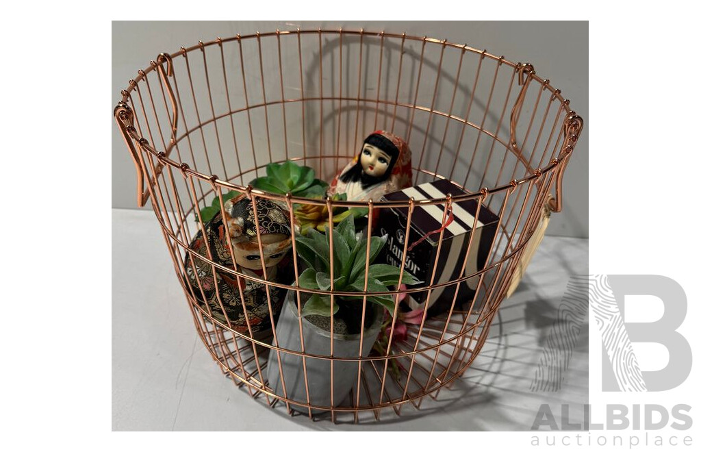 Collection Decorator Items Comprising Brass Toned Wire Basket, Three Faux Succulents in Pots, Selangor Pewter Coasters & Married Pair Japanese Hime Dolls