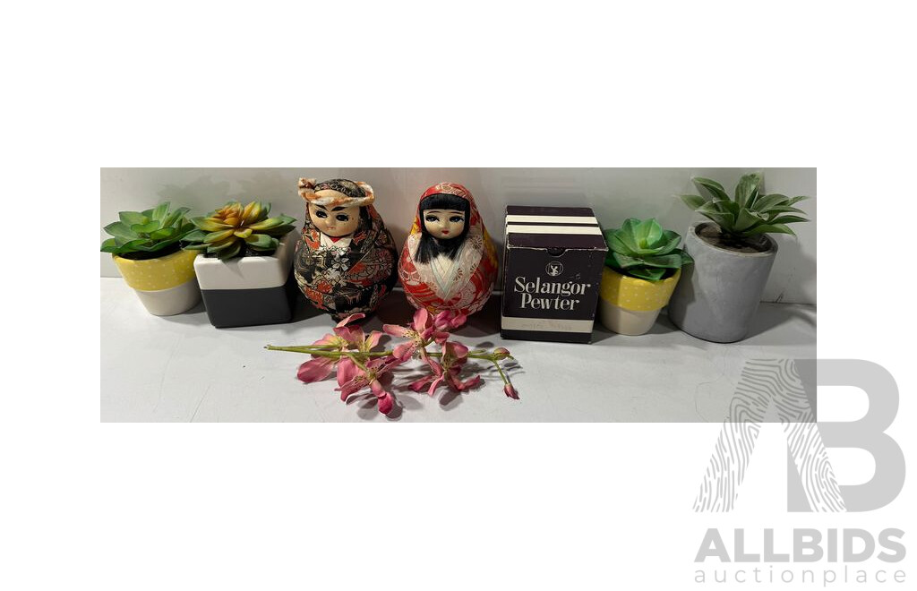 Collection Decorator Items Comprising Brass Toned Wire Basket, Three Faux Succulents in Pots, Selangor Pewter Coasters & Married Pair Japanese Hime Dolls